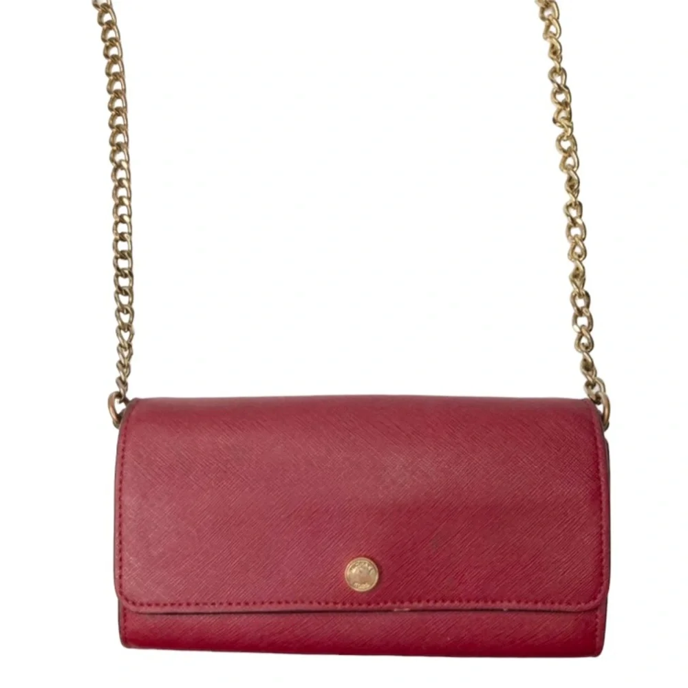 Michael Kors Cranberry Red Crossgrain Saffiano Leather Gold Chain Wallet Clutch